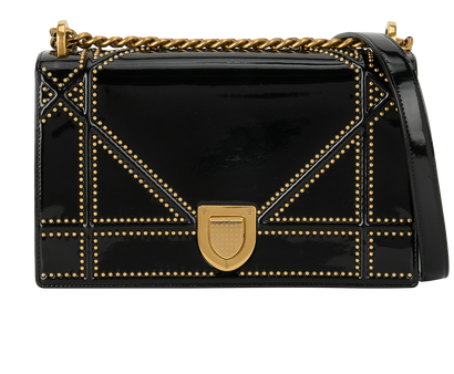 Medium Studded Diorama, &pound;1,900, Handbags, Black, Patent Leather, Front view